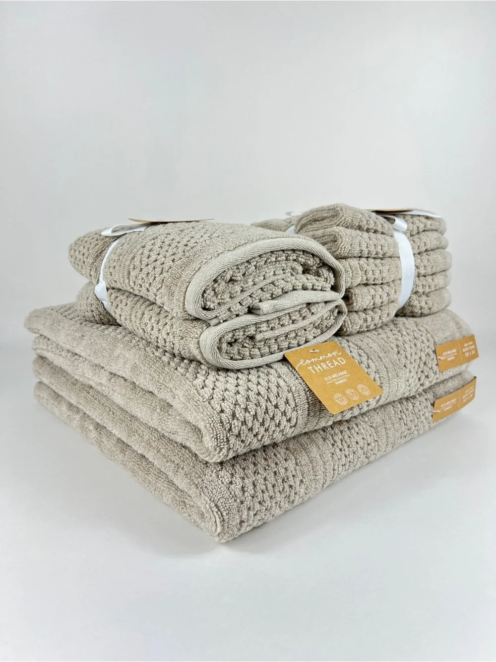 Common Thread Bath Towel Set Bamboo Eco Melange Tan Zero Twist Cotton 9 Pc NEW
